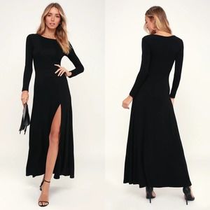 NWT Lulu's Swept Away Black Long Sleeve Jersey Knit Side Slit Maxi Dress Size XL